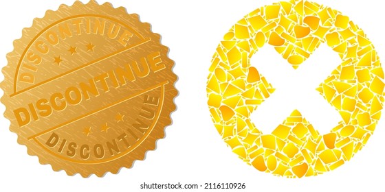 Golden composition of yellow fractions for reject icon, and golden metallic Discontinue stamp seal. Reject icon composition is composed of random gold particles.