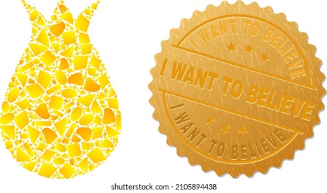Golden composition of yellow items for alien egg icon, and golden metallic I Want to Believe seal imitation. Alien egg icon composition is designed of randomized gold items.