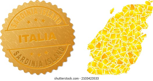 Golden composition of yellow items for Bowen Island map, and golden metallic Sardinia Island Italia watermark. Bowen Island map composition is designed of randomized gold items.