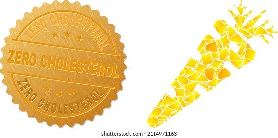 Goldene Komposition von gelben Gegenständen für Karottensymbol und goldenes metallisches Zero Cholesterol-Siegel. Die Karottensymbolkomposition besteht aus verstreuten goldenen Elementen.