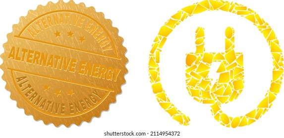Golden composition of yellow items for electric plug icon, and gold metallic Alternative Energy stamp. Electric plug icon collage is formed of randomized gold items.