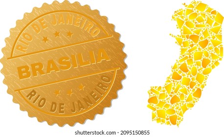 Golden composition of yellow items for Espirito Santo State map, and golden metallic Rio De Janeiro Brasilia seal print. Espirito Santo State map composition is done of random gold elements.