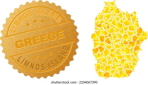 Golden composition of yellow items for Flores Island of Azores map, and golden metallic Limnos Island Greece badge. Flores Island of Azores map mosaic is done of random golden particles.