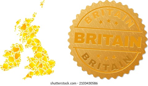 Golden composition of yellow items for Great Britain and Ireland map, and gold metallic Britain stamp. Great Britain and Ireland map collage is organized of randomized gold particles.