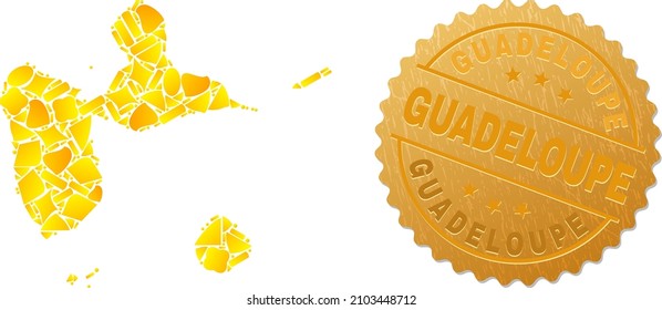 Golden composition of yellow items for Guadeloupe map, and golden metallic Guadeloupe stamp seal. Guadeloupe map composition is made of scattered gold parts.