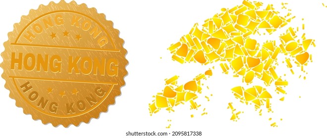 Golden composition of yellow items for Hong Kong map, and golden metallic Hong Kong stamp seal. Hong Kong map composition is designed of scattered gold particles.