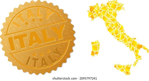 Golden composition of yellow items for Italy map, and golden metallic Italy seal print. Italy map mosaic is organized of randomized gold items.