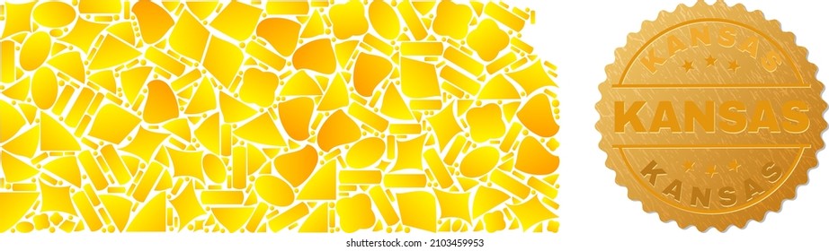 Golden composition of yellow items for Kansas State map, and golden metallic Kansas stamp seal. Kansas State map composition is done of randomized golden items.