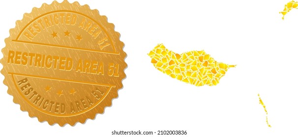 Golden composition of yellow items for Madeira Islands map, and golden metallic Restricted Area 51 seal print. Madeira Islands map collage is made of scattered golden items.