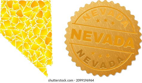 Golden composition of yellow items for Nevada State map, and golden metallic Nevada seal print. Nevada State map mosaic is designed with scattered golden items.