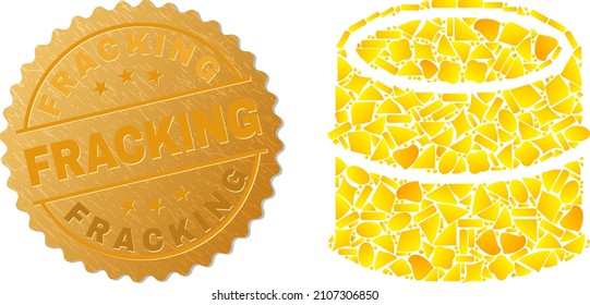 Golden composition of yellow items for oil barrel icon, and gold metallic Fracking stamp seal. Oil barrel icon composition is formed from random gold spots.