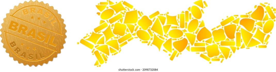 Golden composition of yellow items for Pernambuco State map, and gold metallic Brasil seal. Pernambuco State map composition is organized of scattered gold particles.