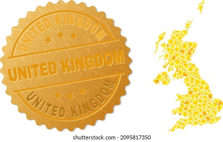 Golden composition of yellow items for United Kingdom map, and gold metallic United Kingdom seal. United Kingdom map composition is designed of random golden spots.