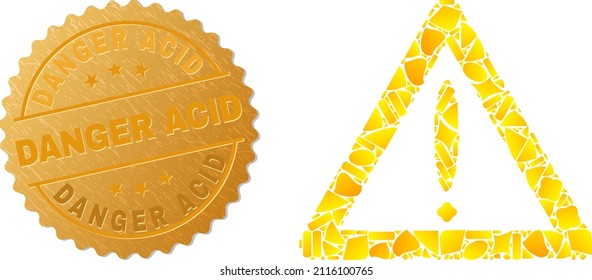 Golden composition of yellow items for warning sign icon, and gold metallic Danger Acid stamp. Warning sign icon composition is designed of random gold particles.