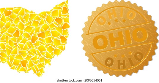 Golden composition of yellow for Ohio State map, and gold metallic Ohio seal print. Ohio State map composition is designed of random gold items.