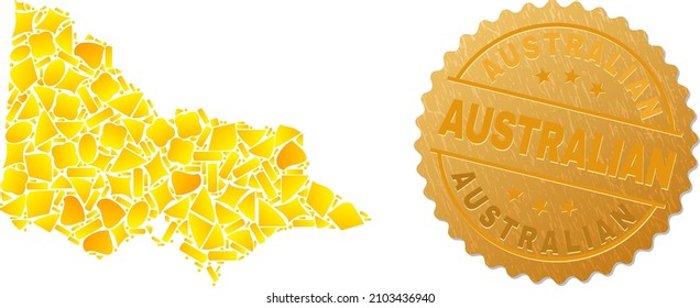 Golden composition of yellow particles for Australian Victoria map, and golden metallic Australian watermark. Australian Victoria map composition is organized with random golden parts.