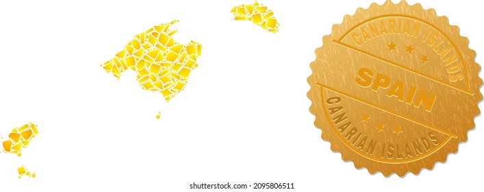 Golden composition of yellow particles for Balearic Islands map, and golden metallic Canarian Islands Spain seal. Balearic Islands map composition is formed with randomized golden particles.