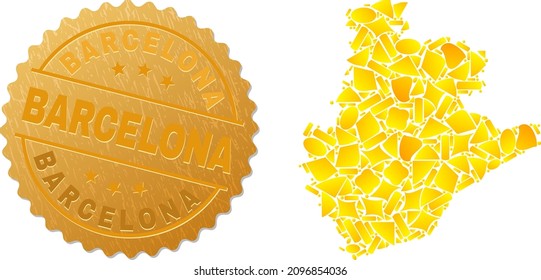 Golden composition of yellow particles for Barcelona Province map, and gold metallic Barcelona seal print. Barcelona Province map composition is composed from randomized gold particles.