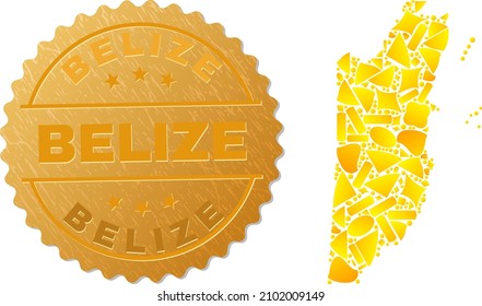 Golden composition of yellow particles for Belize map, and golden metallic Belize seal print. Belize map mosaic is made of scattered golden parts.