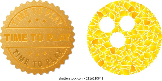 Golden composition of yellow particles for bowling ball icon, and golden metallic Time to Play seal imitation. Bowling ball icon mosaic is organized of scattered golden particles.