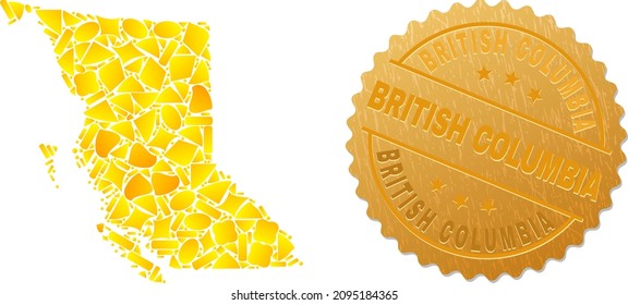 Goldene Zusammensetzung von gelben Teilchen für die britische Columbia-Karte und goldene metallische Britische Columbia-Briefmarke. Das Mosaik der British Columbia-Karte besteht aus verstreuten goldenen Partikeln.