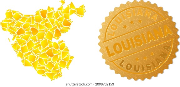 Golden composition of yellow particles for Cadiz Province map, and gold metallic Louisiana seal imitation. Cadiz Province map composition is created of scattered golden items.