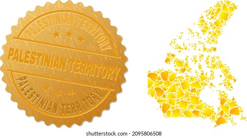 Golden composition of yellow particles for Canada v2 map, and golden metallic Palestinian Territory seal. Canada v2 map composition is constructed of random gold particles.