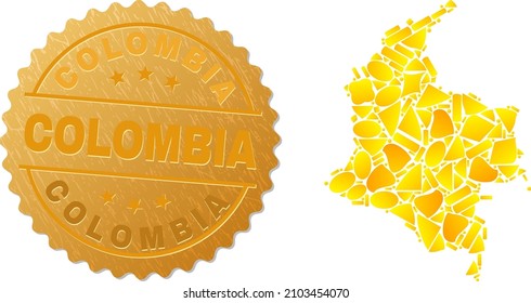 Golden composition of yellow particles for Colombia map, and gold metallic Colombia badge. Colombia map mosaic is made of scattered golden particles.