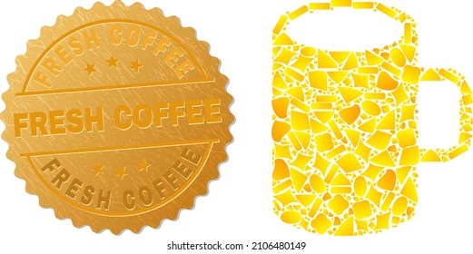 Golden composition of yellow particles for cup icon, and gold metallic Fresh Coffee stamp seal. Cup icon composition is constructed of scattered golden particles.