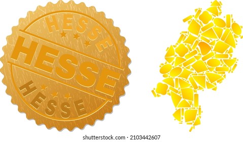 Composición dorada de partículas amarillas para el mapa de Hesse Land y sello metálico dorado de Hesse. El mosaico del mapa de Hesse Land está diseñado con partículas de oro aleatorias.