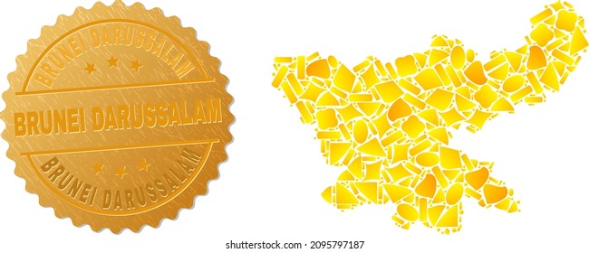 Golden composition of yellow particles for Jharkhand State map, and golden metallic Brunei Darussalam seal imitation. Jharkhand State map composition is composed with scattered golden items.