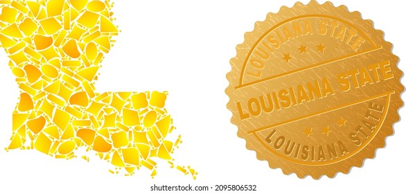 Golden composition of yellow particles for Louisiana State map, and gold metallic Louisiana State stamp seal. Louisiana State map mosaic is done from scattered golden particles.