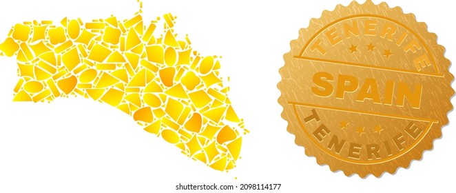 Golden composition of yellow particles for Menorca Island map, and gold metallic Tenerife Spain stamp. Menorca Island map composition is done of randomized golden particles.