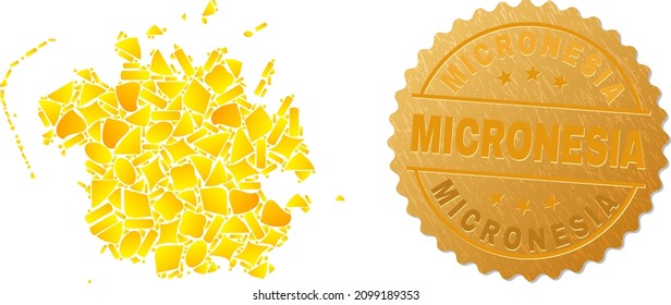 Composición dorada de partículas amarillas para el mapa de islas de Micronesia y placa metálica dorada de Micronesia. La composición del mapa de islas de Micronesia está hecha de oro aleatorio.