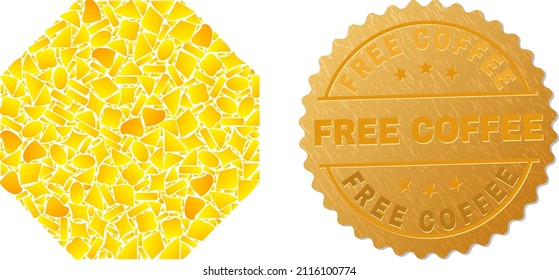 Golden Composition Of Yellow Particles For Octagon Icon, And Golden Metallic Free Coffee Badge. Octagon Icon Collage Is Organized Of Scattered Golden Particles.