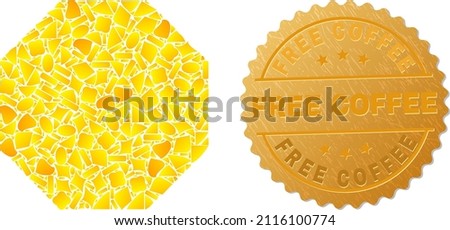 Golden composition of yellow particles for octagon icon, and golden metallic Free Coffee badge. Octagon icon collage is organized of scattered golden particles.