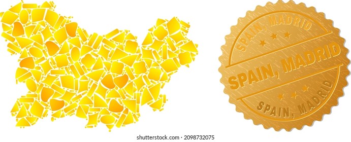 Golden composition of yellow particles for Ourense Province map, and golden metallic Spain, Madrid seal. Ourense Province map composition is made with random gold parts. Gold colored seal has Spain,