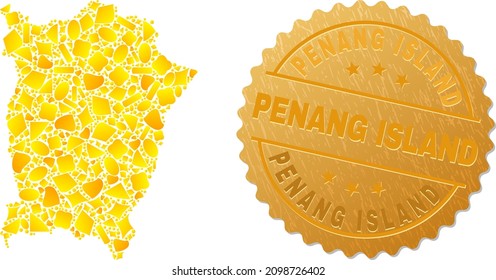 Golden composition of yellow particles for Penang Island map, and golden metallic Penang Island stamp seal. Penang Island map composition is made with randomized golden parts.