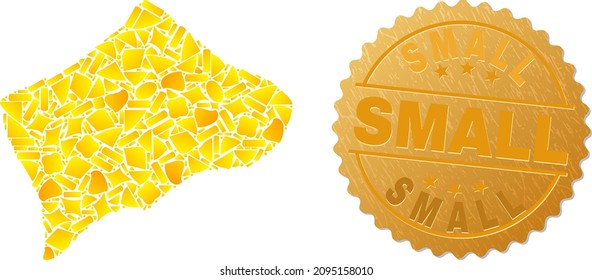 Golden composition of yellow particles for Small Inagua Island map, and golden metallic Small seal. Small Inagua Island map composition is created of random gold particles.