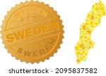 Golden composition of yellow particles for Sweden map, and golden metallic Sweden seal print. Sweden map composition is composed with random golden.