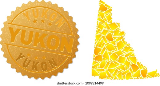 Golden composition of yellow particles for Yukon Province map, and gold metallic Yukon seal print. Yukon Province map mosaic is formed of scattered gold particles.