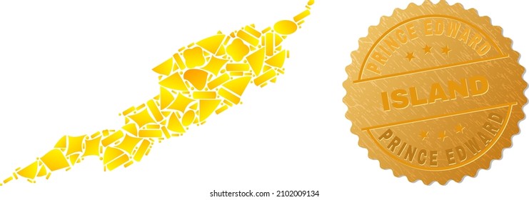 Golden composition of yellow parts for Anguilla Island map, and gold metallic Prince Edward Island seal print. Anguilla Island map composition is formed of random golden particles.