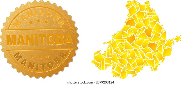 Golden composition of yellow parts for Avila Province map, and golden metallic Manitoba stamp seal. Avila Province map composition is designed with randomized golden elements.