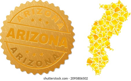Golden composition of yellow parts for Chhattisgarh State map, and golden metallic Arizona seal imitation. Chhattisgarh State map collage is designed of scattered golden particles.