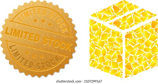 Golden composition of yellow parts for closed carton box icon, and gold metallic Limited Stock seal imitation. Closed carton box icon collage is created of randomized golden parts.