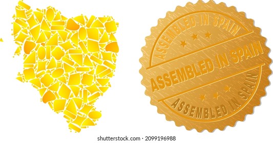 Golden composition of yellow parts for Hueska Province map, and gold metallic Assembled in Spain stamp seal. Hueska Province map collage is done of random golden.