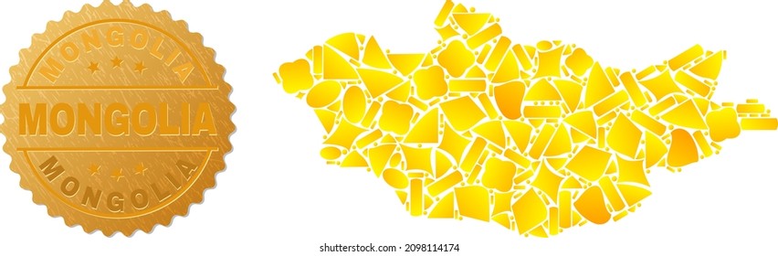 Golden composition of yellow parts for Mongolia map, and gold metallic Mongolia seal print. Mongolia map composition is composed of random gold.