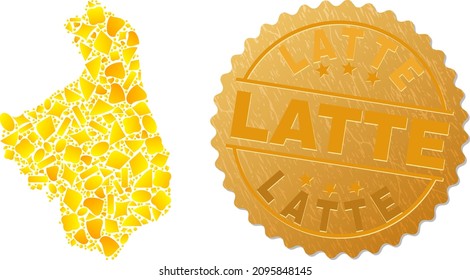 Golden composition of yellow parts for Podlaskie Voivodeship map, and golden metallic Latte stamp seal. Podlaskie Voivodeship map composition is composed of randomized golden items.