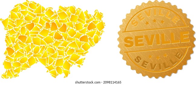 Golden composition of yellow parts for Salamanca Province map, and golden metallic Seville watermark. Salamanca Province map composition is organized of random golden items.