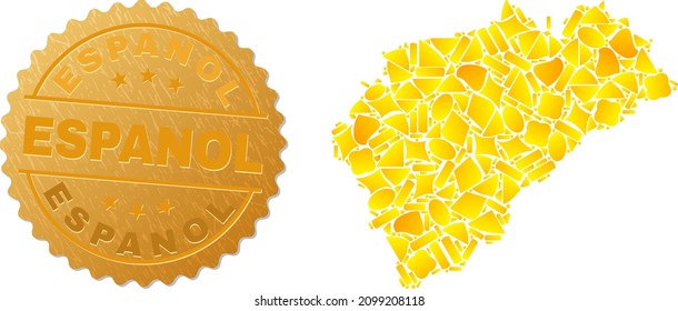 Golden composition of yellow parts for Segovia Province map, and gold metallic Espanol stamp. Segovia Province map collage is created of scattered gold parts.